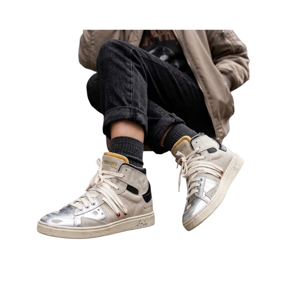 HIDNANDER Starless High Top Sneakers Beige Silver Leather Made in Italy Womens 9